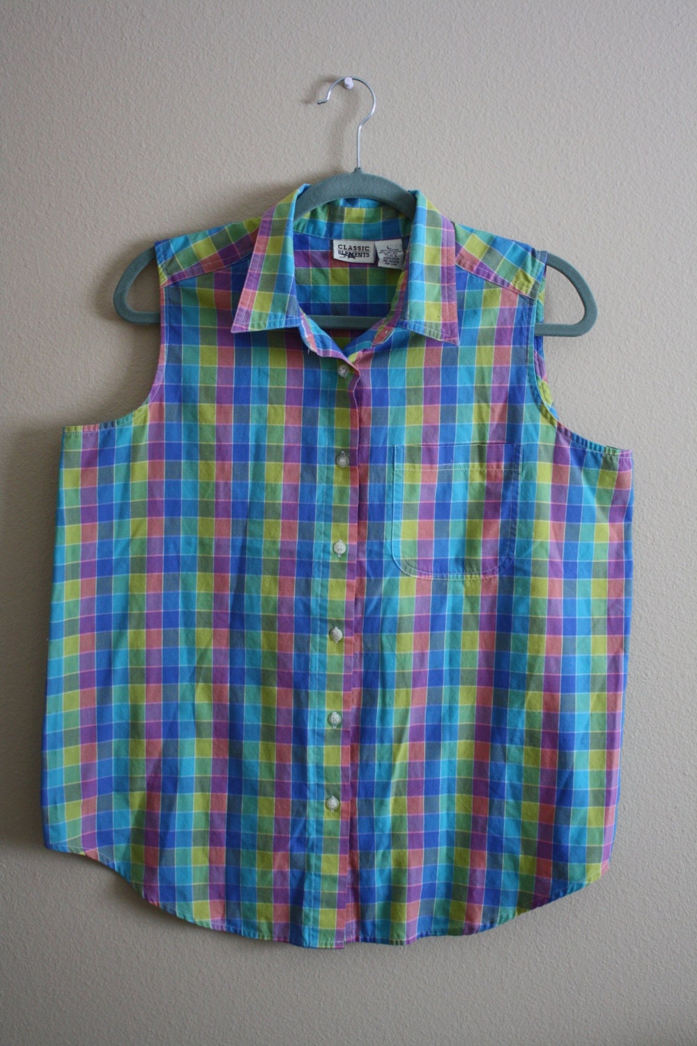 Vintage 1970s Sleeveless Bright Plaid Button Down Tie Blouse Sz. S/M/L