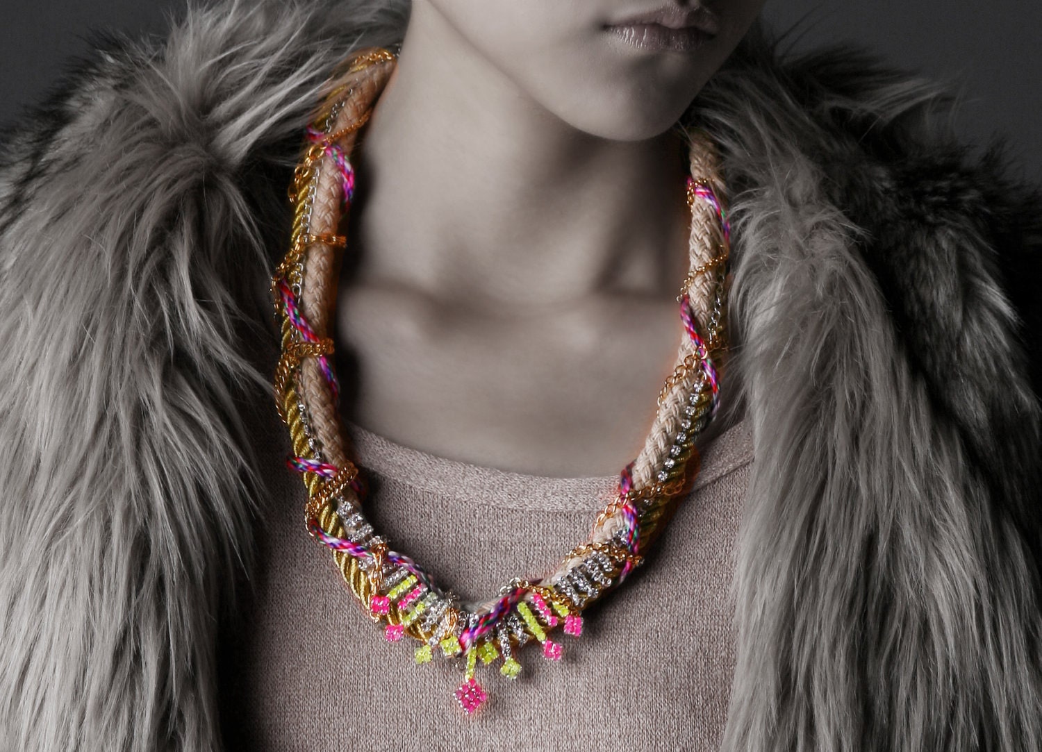 Elliott, Statement Necklace, tribal neon, gold ropes with chains and hand painted rhinestones. statement necklace
