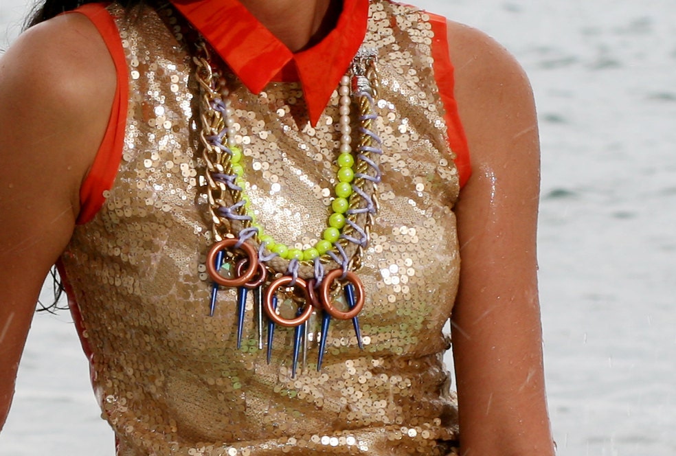 Glowstick, bib necklace, rope necklace, studs spikes and vintage beads, neon yellow summer mermaid style, chunky  statement necklace