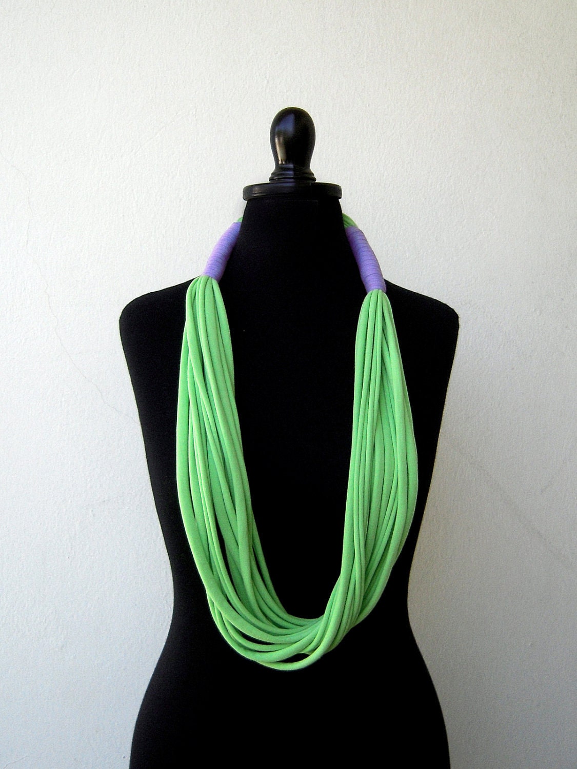 The tribal necklace - handmade in lime green and lilac jersey fabric