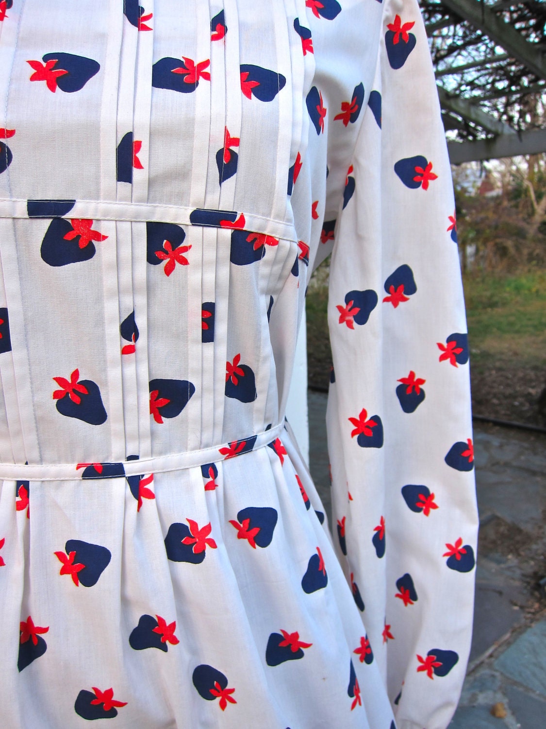 Vintage Strawberry Dress Empire Red White Blue 1970s