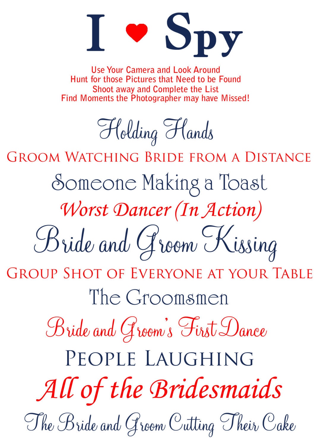 Custom Printable I Spy Wedding Photos Card