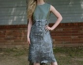 Steel Blue Gray Taffeta with Grey Armor like detail Retro 60's A-line Dress