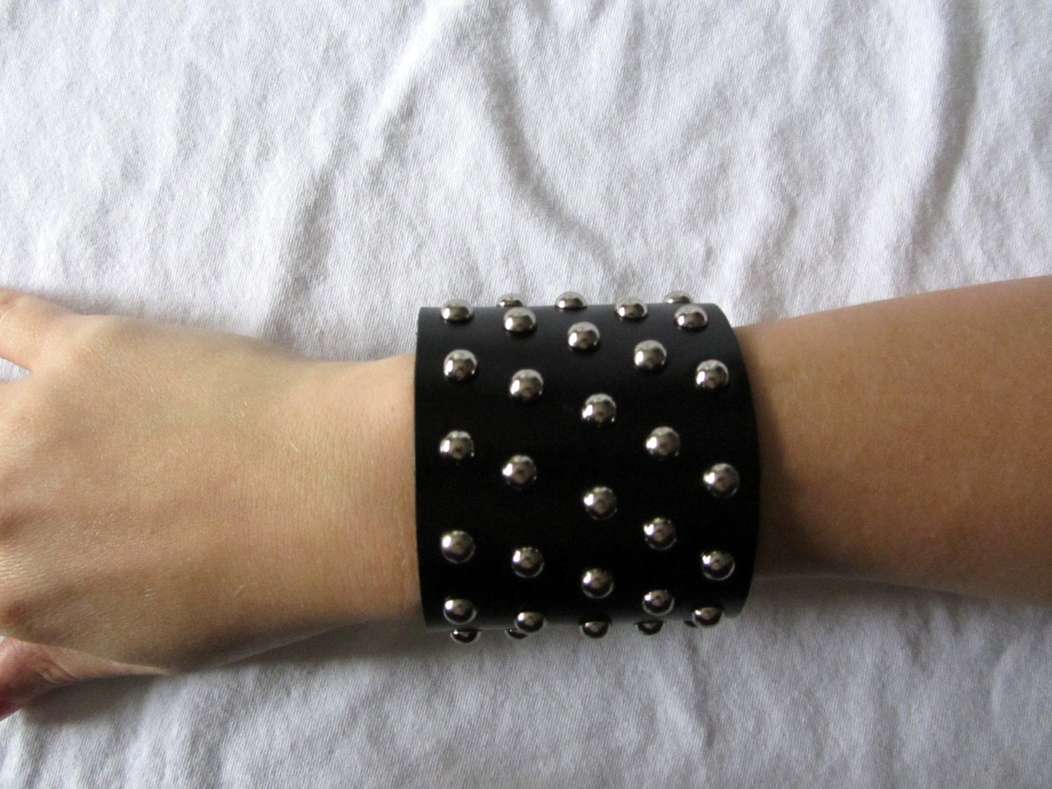 Black leather studded cuff bracelet - extra wide