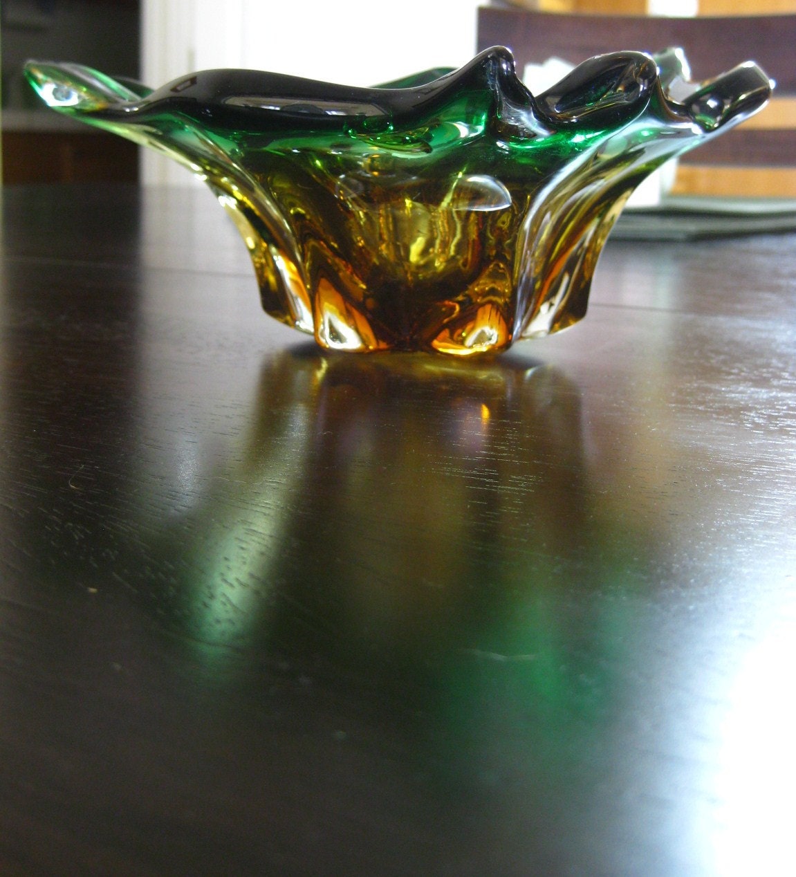 SALE Authentic Vintage Murano Glass Angel Fish Candy Dish-Amber and Forest Green-Gorgeous