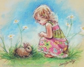 Bunny  Baby art, little girl, Nursery Art,  Print kids pastel pink green