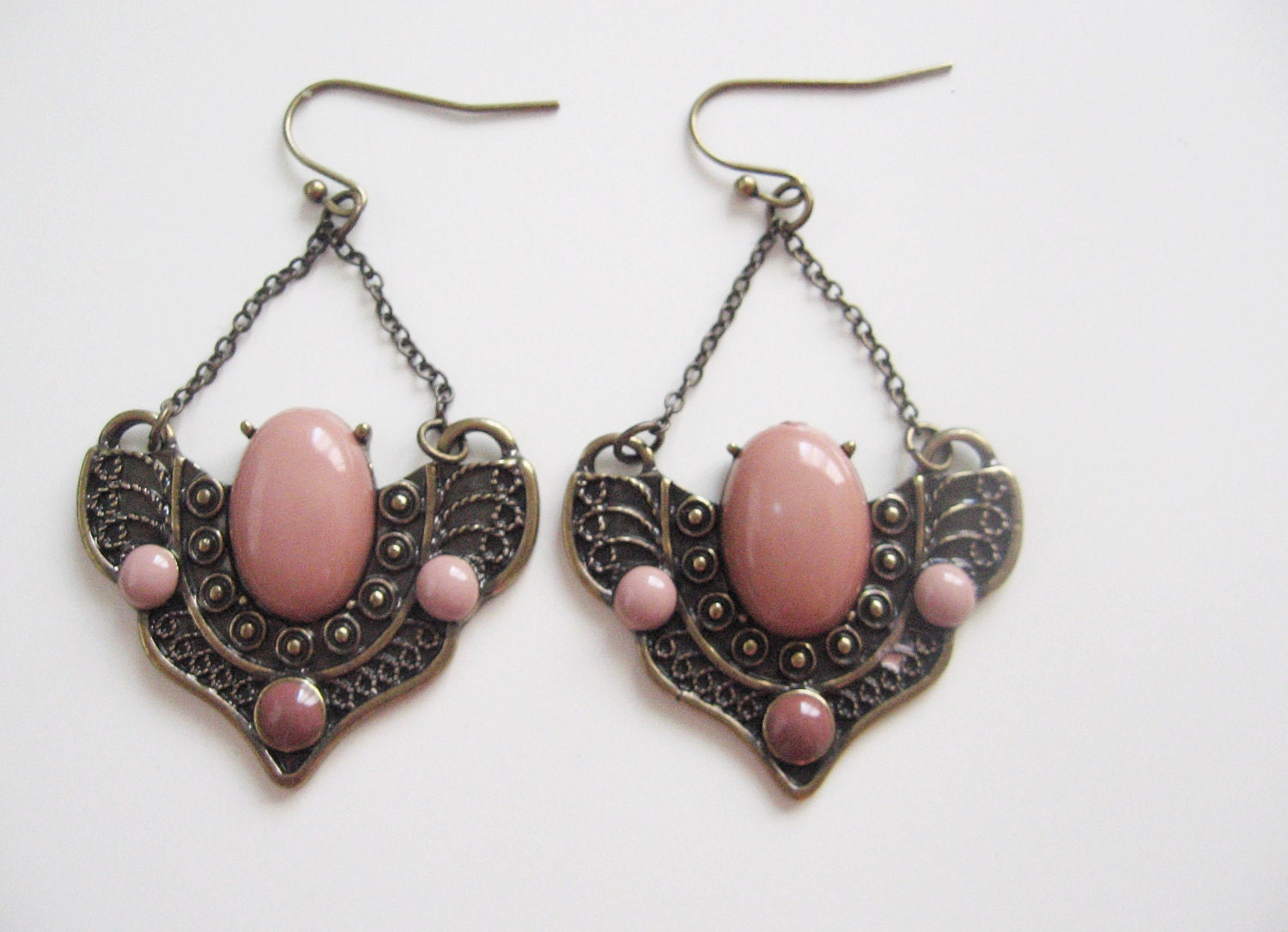 Art Deco chandelier earrings- dusty pink beads- antique brass- vintage wings  look