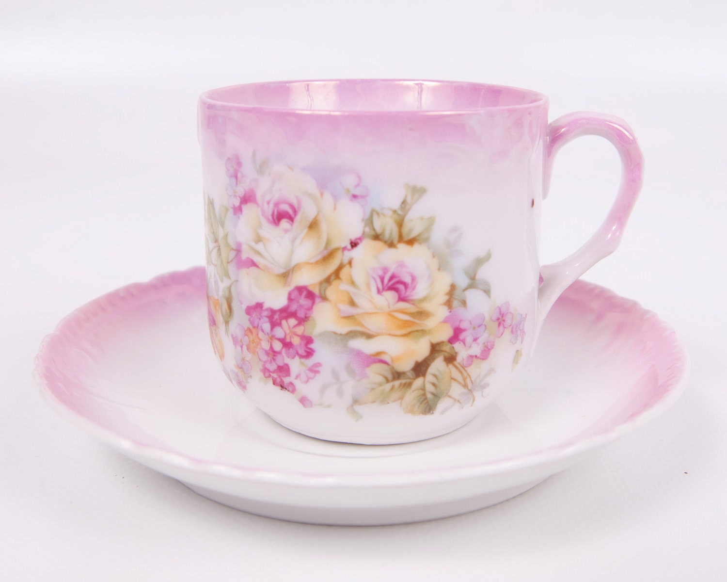 Vintage Pink Rose Leuchtenburg Teacup Germany Floral Design Castle Stamp Scalloped Edge