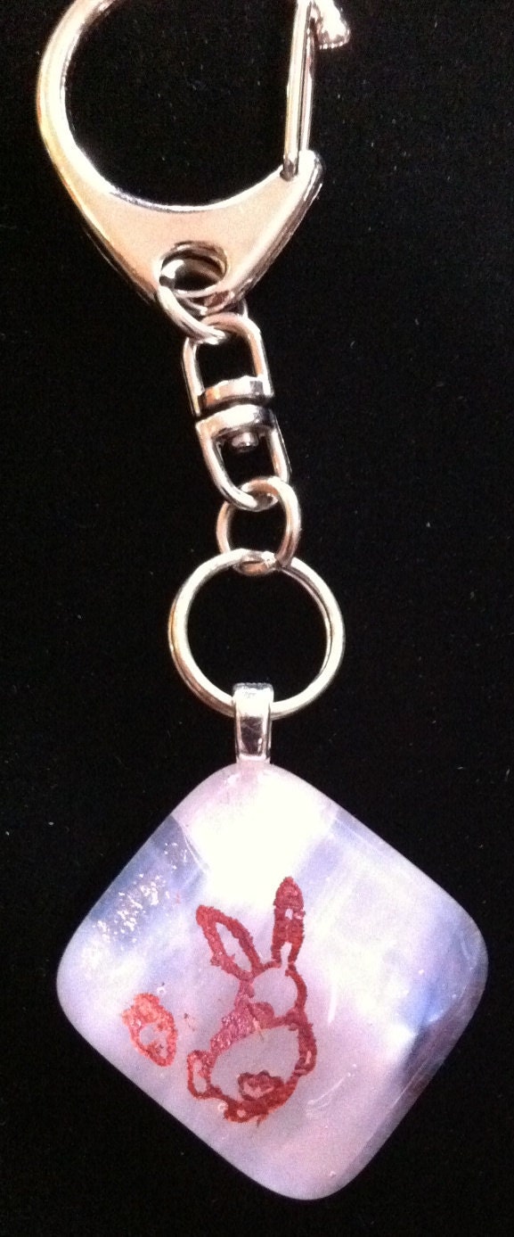 Fused Glass Keyring.  Bunny with carrot.