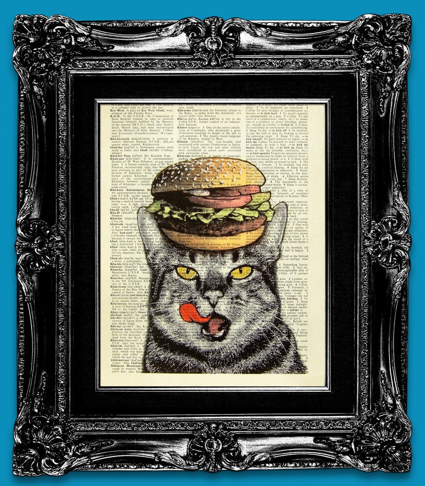 PRINT & POSTER - Cat Poster, Cat print, Cat Retro print, Cat dictionary art print, Cat book page print, Cat book page art - Hamburger Cat