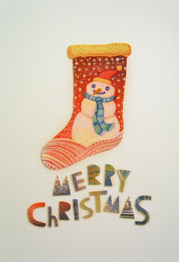 Snowman Christmas Stocking- handmade illustration