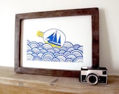 Ship In A Bottle A3 Screenprint in Blue and Yellow by hello DODO - sea, ocean, sea, boat, waves