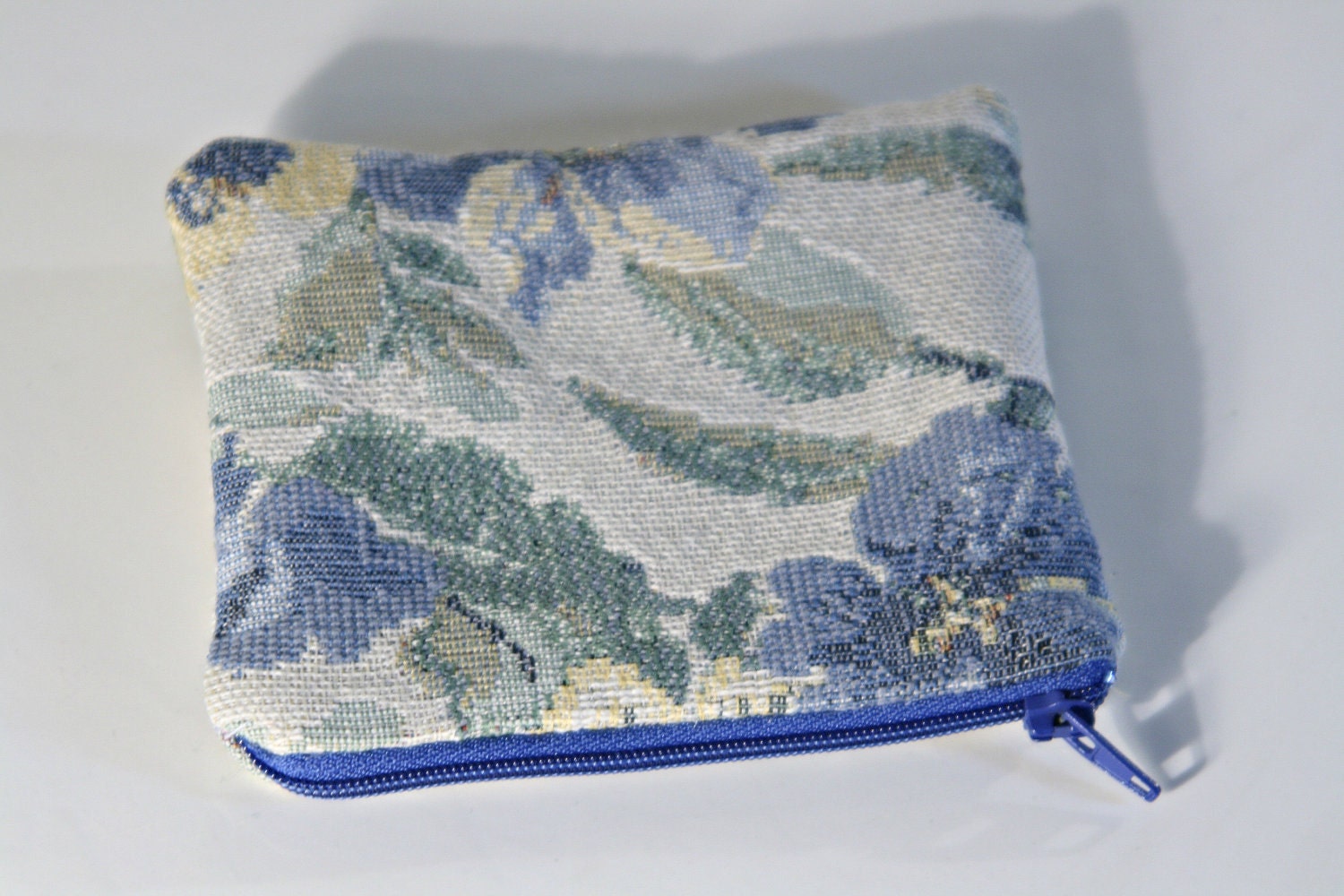 Upcycled Zippered Pouch Made of Cream, Green, Blue and Yellow Floral Upholstery Fabrics, Money, Coin Purse