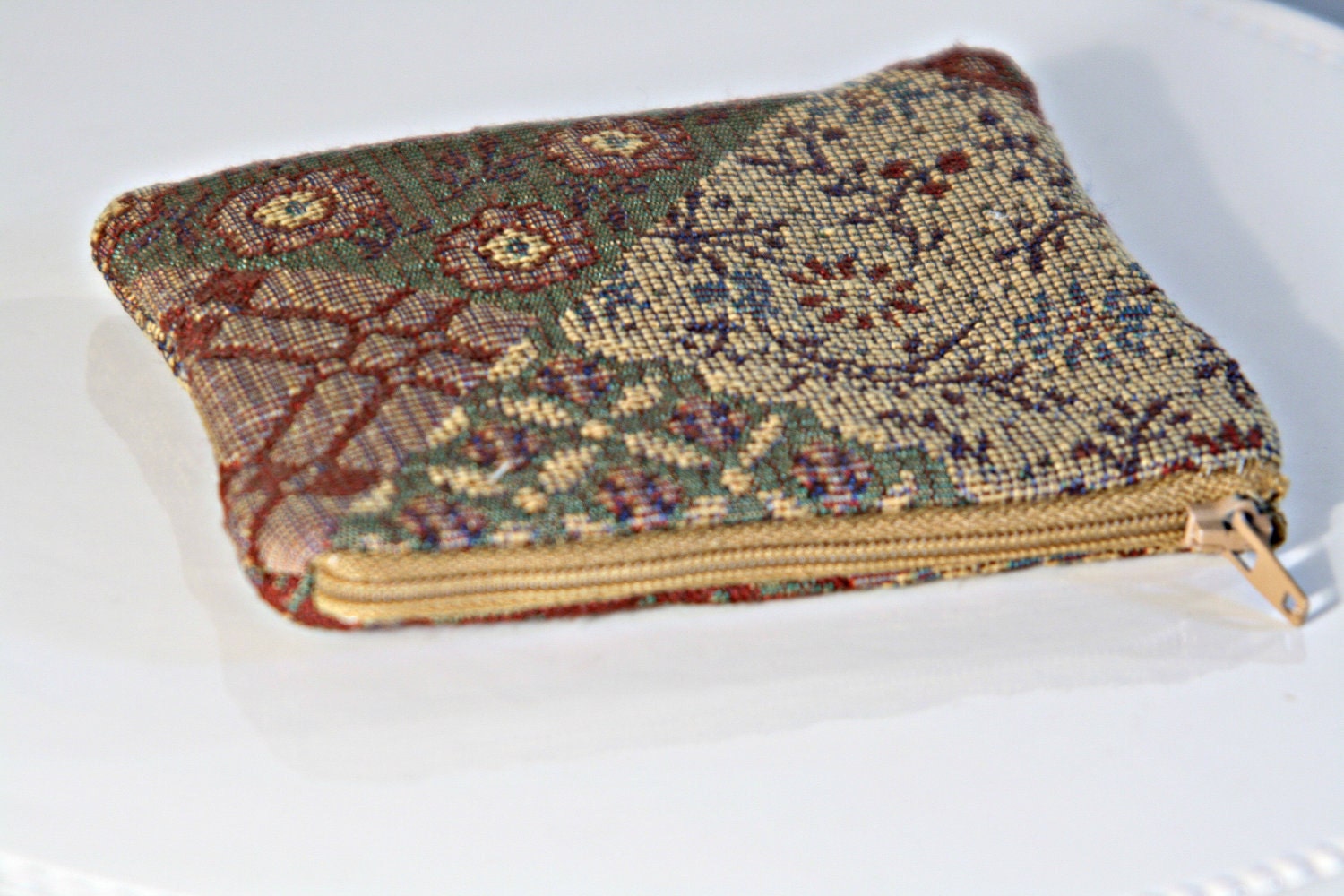Upcycled Zippered Pouch Made of Multicolored Patchwork Patterned Brocade Upholstery Fabrics, Money, Coin Purse