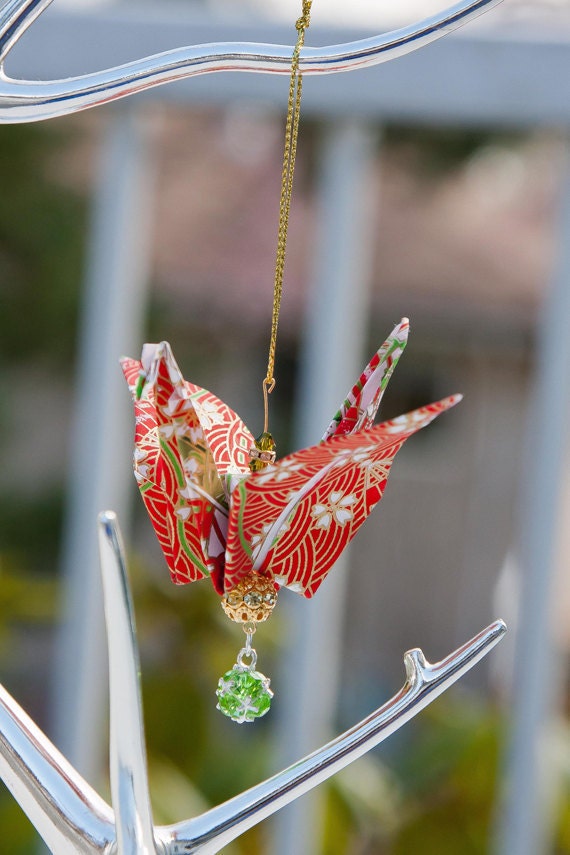 Red with Green Fans Origami Crane