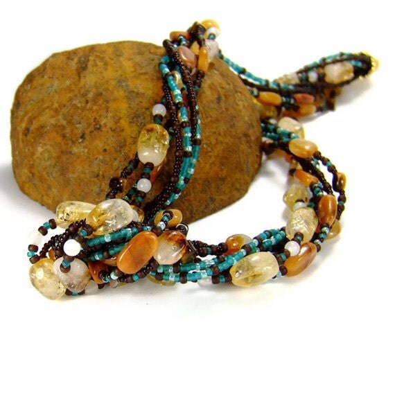 Multistrand Gemstone Necklace, Citrine and Red Aventurine Gemstone Chakra Necklace