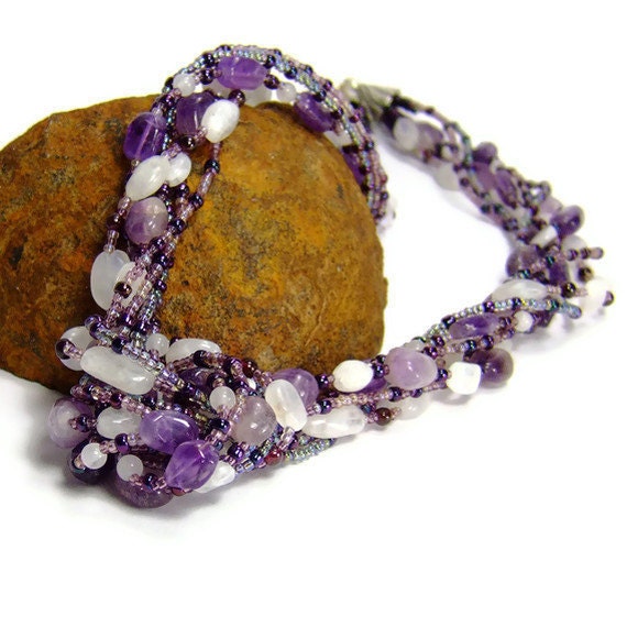 Purple Gemstone Necklace, Amethyst and Moonstone Gemstone Chakra Necklace