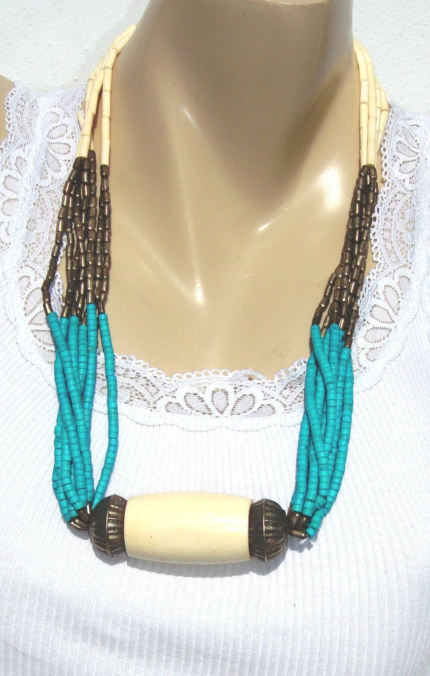Vintage beautiful huge women Turquoise,metal and bone necklace