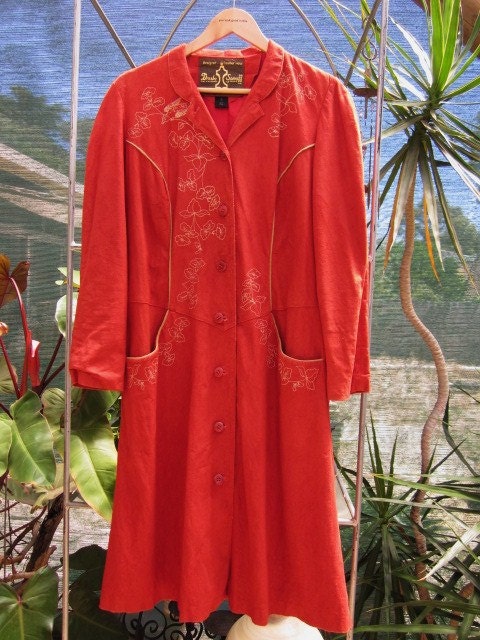 Summer of Love Soft Suede Leather Coat Jacket Vintage. Boho Orange w bird, flower and leaf fine Print like embroidery small to Large.