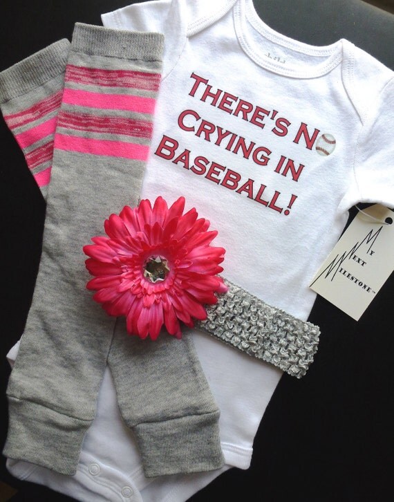 There's No Crying in Baseball Onesie Leg warmers and removable flower clip headband Set Pink Infant Baby Toddler Sizes