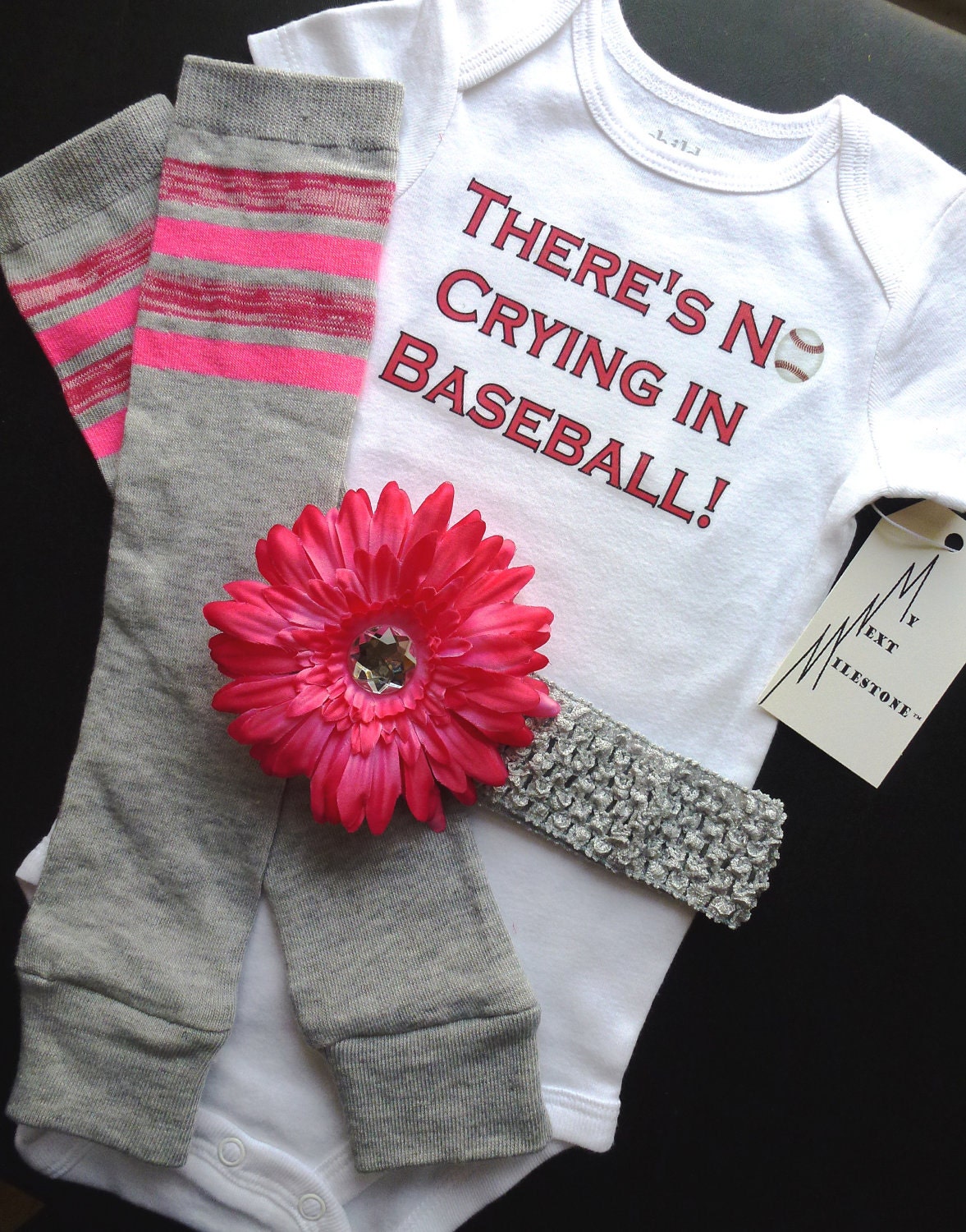 There's No Crying in Baseball Onesie Leg warmers and removable flower clip headband Set Pink Infant Baby Toddler Sizes