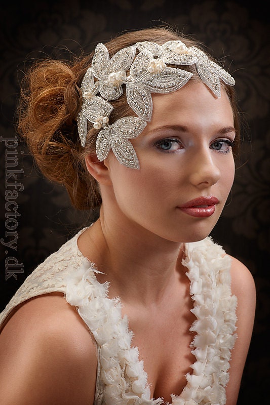 My Devine Cordelia statement hair piece - extraordinary fascinator with rhinestone leaves and pearls