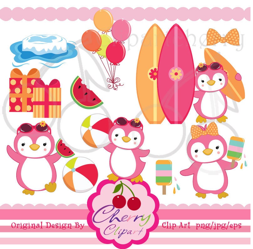 Summer Party Girl Penguin Digital Clipart Set  for -Personal and Commercial Use-paper crafts,card making,scrapbooking,web design