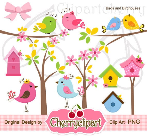 Cute Birds and Birdhouses Digital Clipart Set for-Personal and Commercial Use-paper crafts,card making,scrapbooking,web design