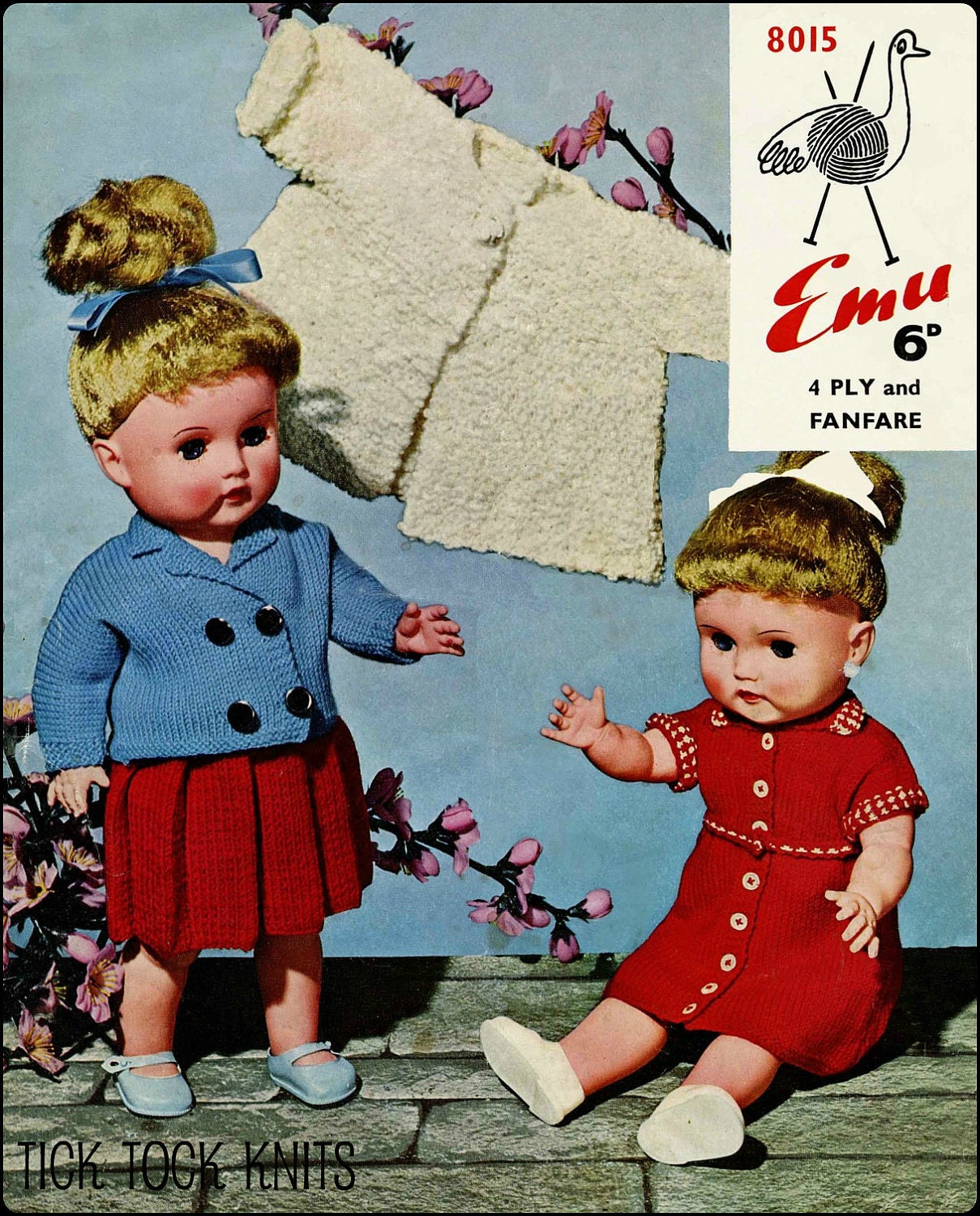 No.3 PDF Knitting Pattern Vintage For 17" Dolls - Vest, Knickers, Pleated Skirt, Blazer, Dress, Coat Emu 8015 - Instant Download