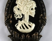 Gothic Victorian Lady Skeleton Cameo bone white in gold tone frame Wall Art