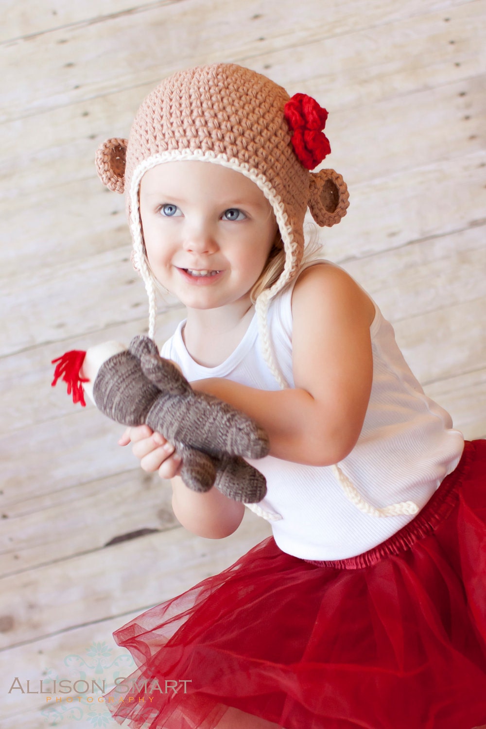 Soft Cotton Crochet Monkey Hat - Light Brown Ivory and Red - Photo Prop