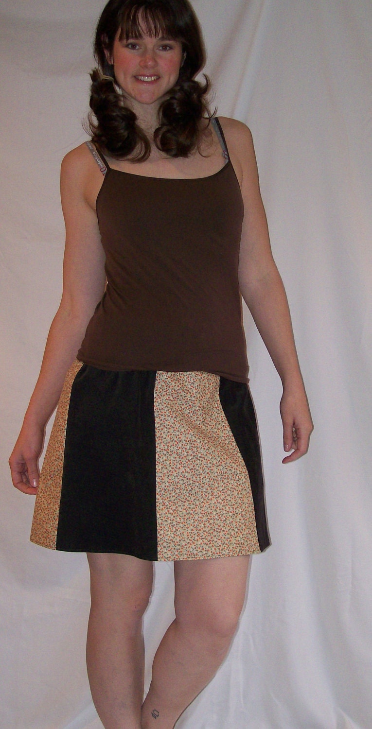 Handmade Brown Corduroy and Cotton Patchwork Skirt