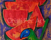 Acrylic painting with exotic blue green parrot bird watermelon melons red fruit still life acrylic artwork wall art home décor