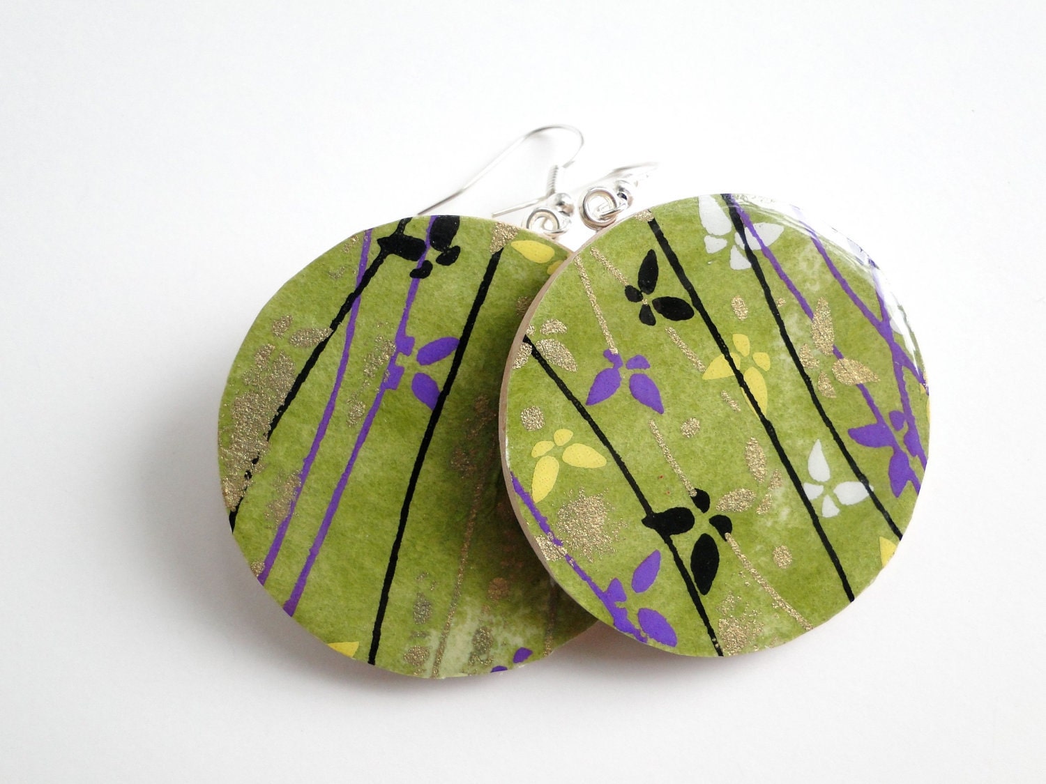 Green Earrings, Butterfly earrings, Japanese Paper, Chiyogami, Large Dangles, gift under 20, made to order,