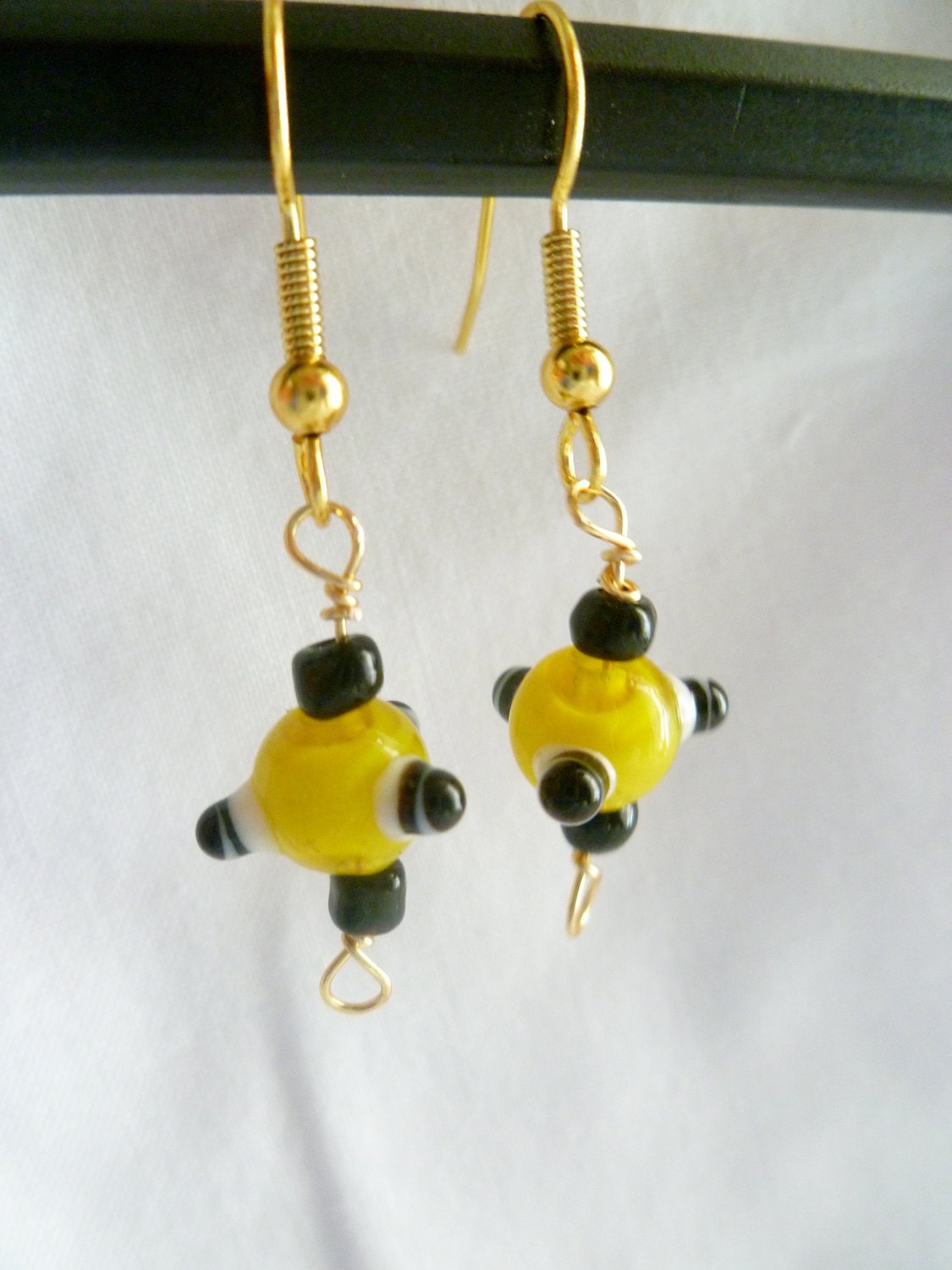 SALE - Yellow and Black Lampwork Glass Bead Dangle Earrings