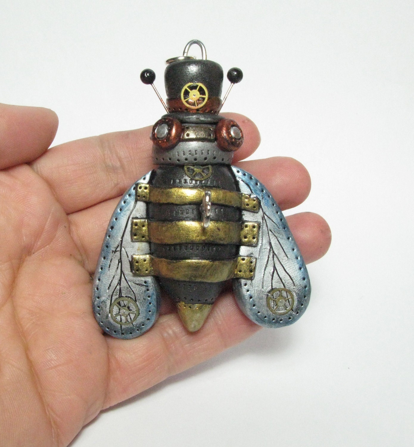 Steampunk Bumblebee pendant industrial goggles top hat key metal