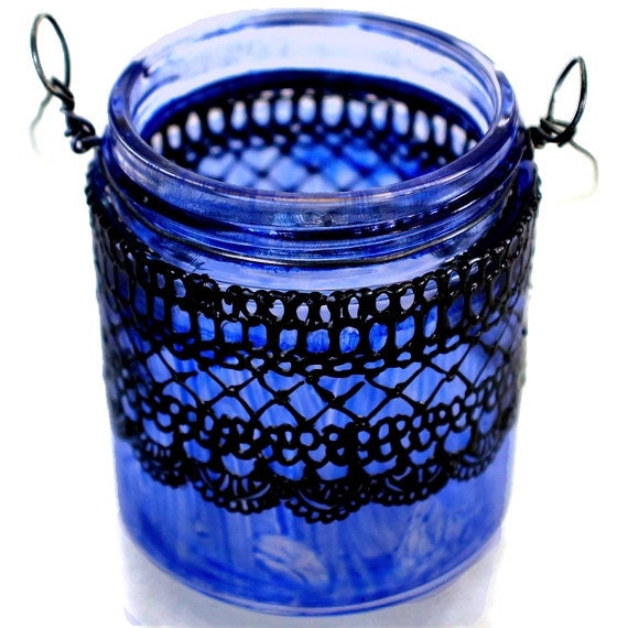 Small Hanging Jar Lantern Inspired by Moroccan Lanterns, Periwinkle Tinted  Glass With Black Accents