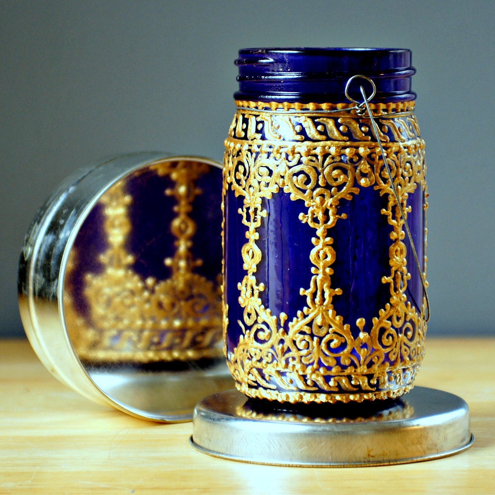 Hand Painted Mason Jar Lantern,Deep Plum Tinted Glass with Golden Filigree Surface