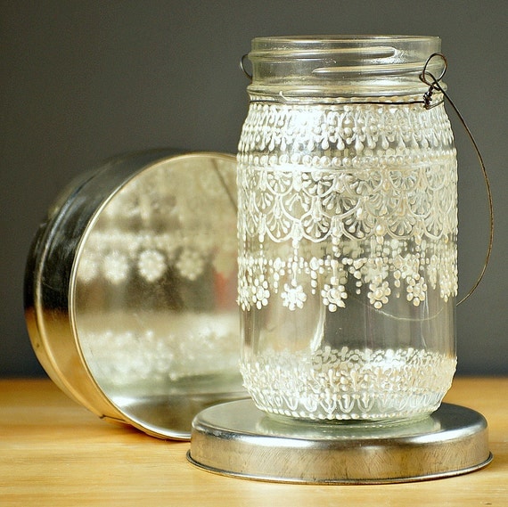 Hand Painted Mason Jar Moroccan Lantern, Lace  Design in White Pearl - on Crystal Clear Glass