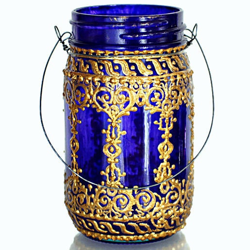 Hand Painted Mason Jar Lantern,Deep Plum Tinted Glass with Golden Filigree Surface