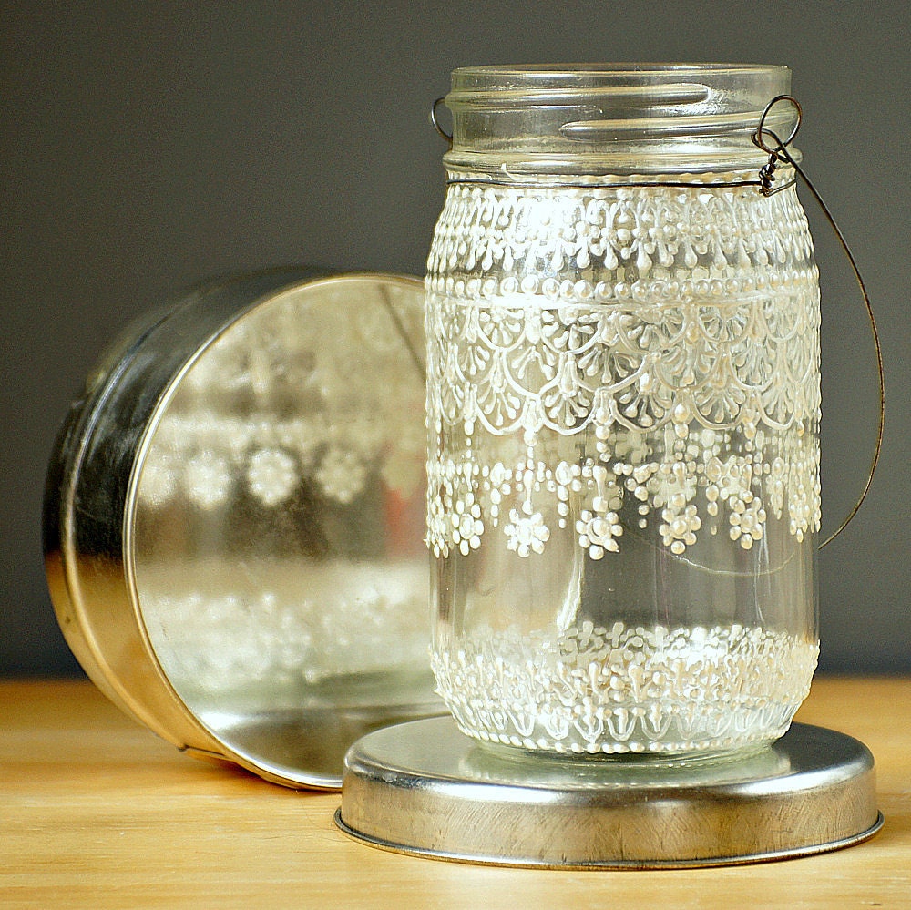 Hand Painted Mason Jar Moroccan Lantern, Lace Design in White Pearl - on Crystal Clear Glass
