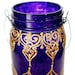 Hand Painted Mason Jar Lantern, Royal Purple Glass with Golden Detailing
