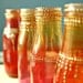 Group of Five Hand Painted Flower Bud Vases, With Colorful Ombre Glass from Ruby Red to Intense Pink, with Gold Accents