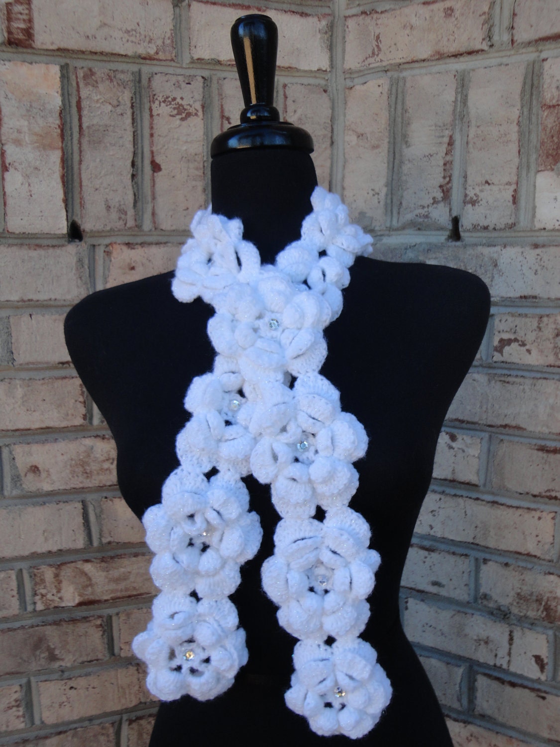 Flower scarf: "White Roses" -Original, elegant and fun crochet flower scarf in white heart shimmer DK with clear faux crystal centers