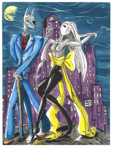 A Walk with the Wolf -- Urban City Art, Werewolf, Wolf Print, Surreal Watercolor