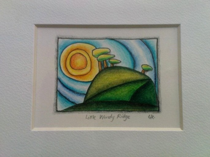 Minature original drawing of a sunny mountain top 'Little Windy Ridge' Welsh Naive Wales folk art