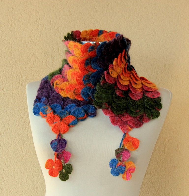Rainbow Crochet Scarf Neck Warmer Long Scarf Crocodile Cowl Neck Blue Pink Yellow Orange Green Leaves Scarf