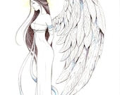 Fantasy spiritual picture postcard set with blue angel. Water-colour guardian angel fairy wings goddess art faith hope comfort
