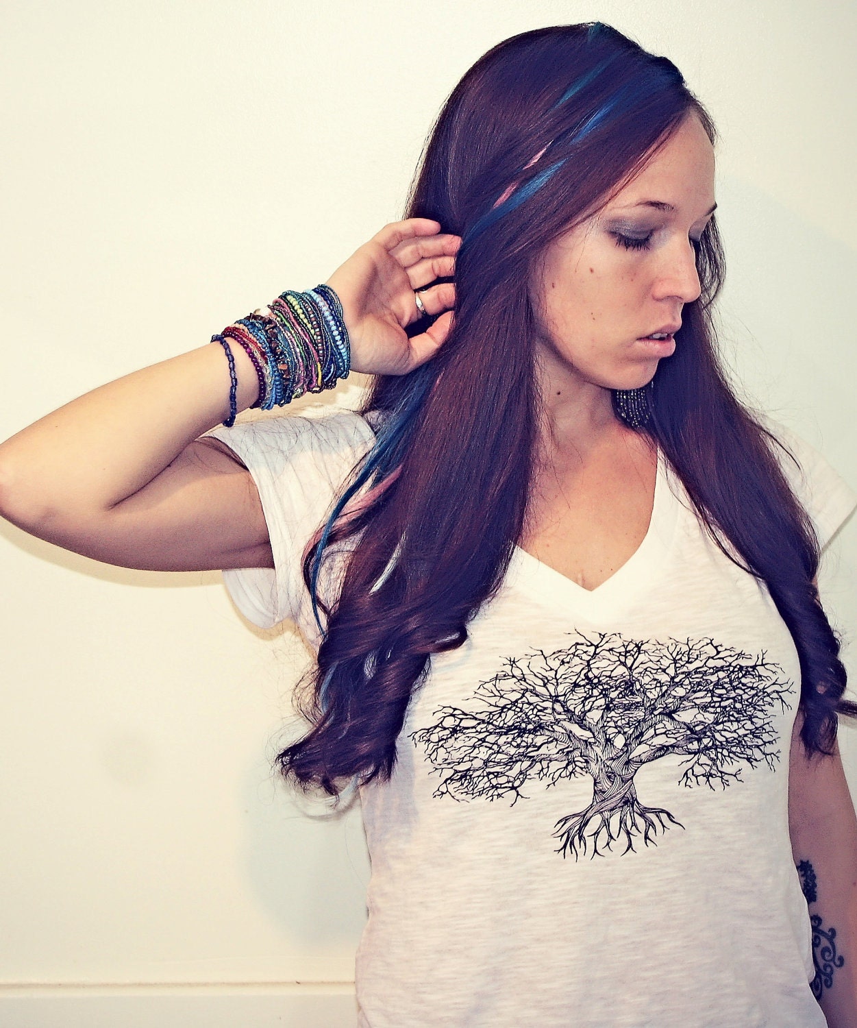 Handmade Tree of Life Slub Knit Tee, T Shirt, Screen Print Shirt, Tree Shirt, Vintage Style Tee, Distressed Shirt,