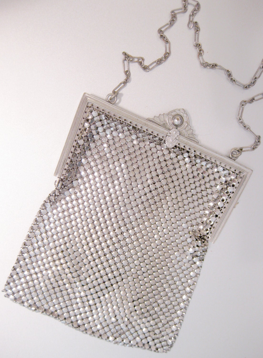 Vintage Art Deco Mesh Purse Silver Handbag Designer Antique Art Deco 1920s w/ Fraternity Crest Emblem